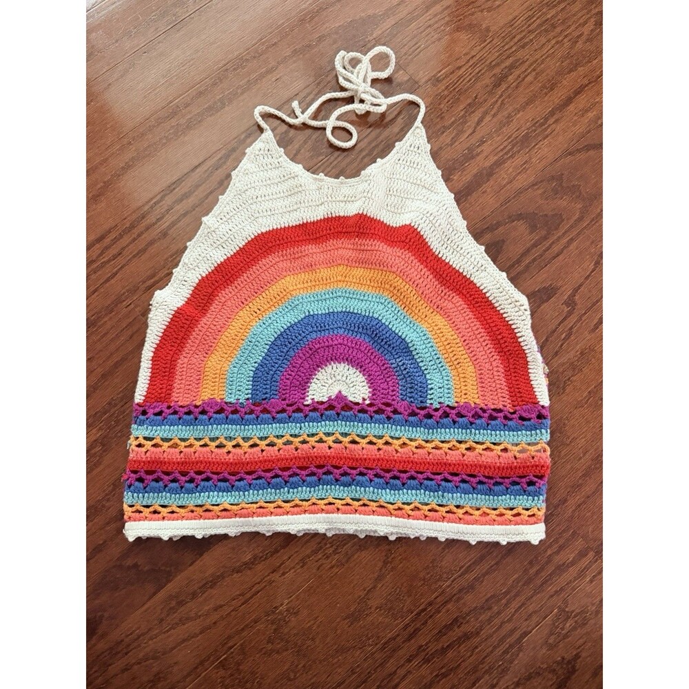 NWT Altar’d State Retro Festival Rainbow Crochet Halter Top Boho Crop Womens S
